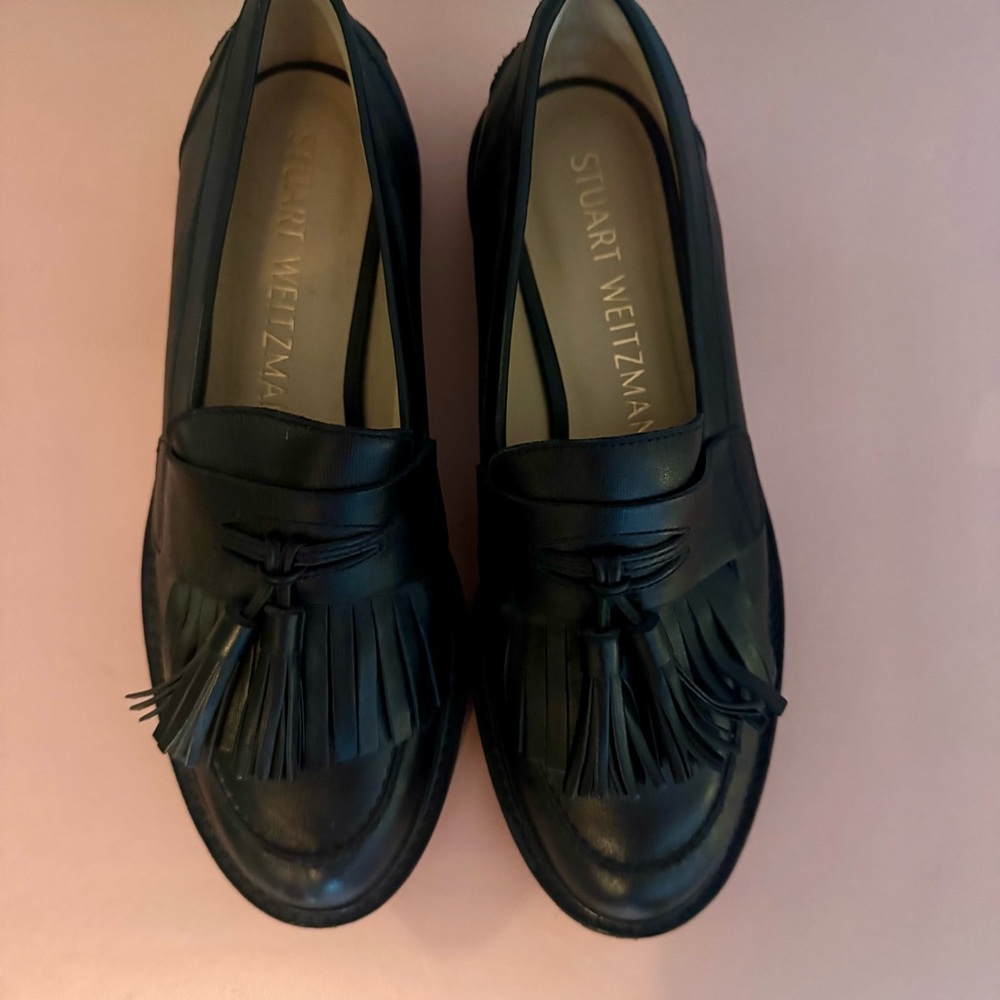 Stuart Weitzman Classic Black Tassel Leather Loafers - Size 10